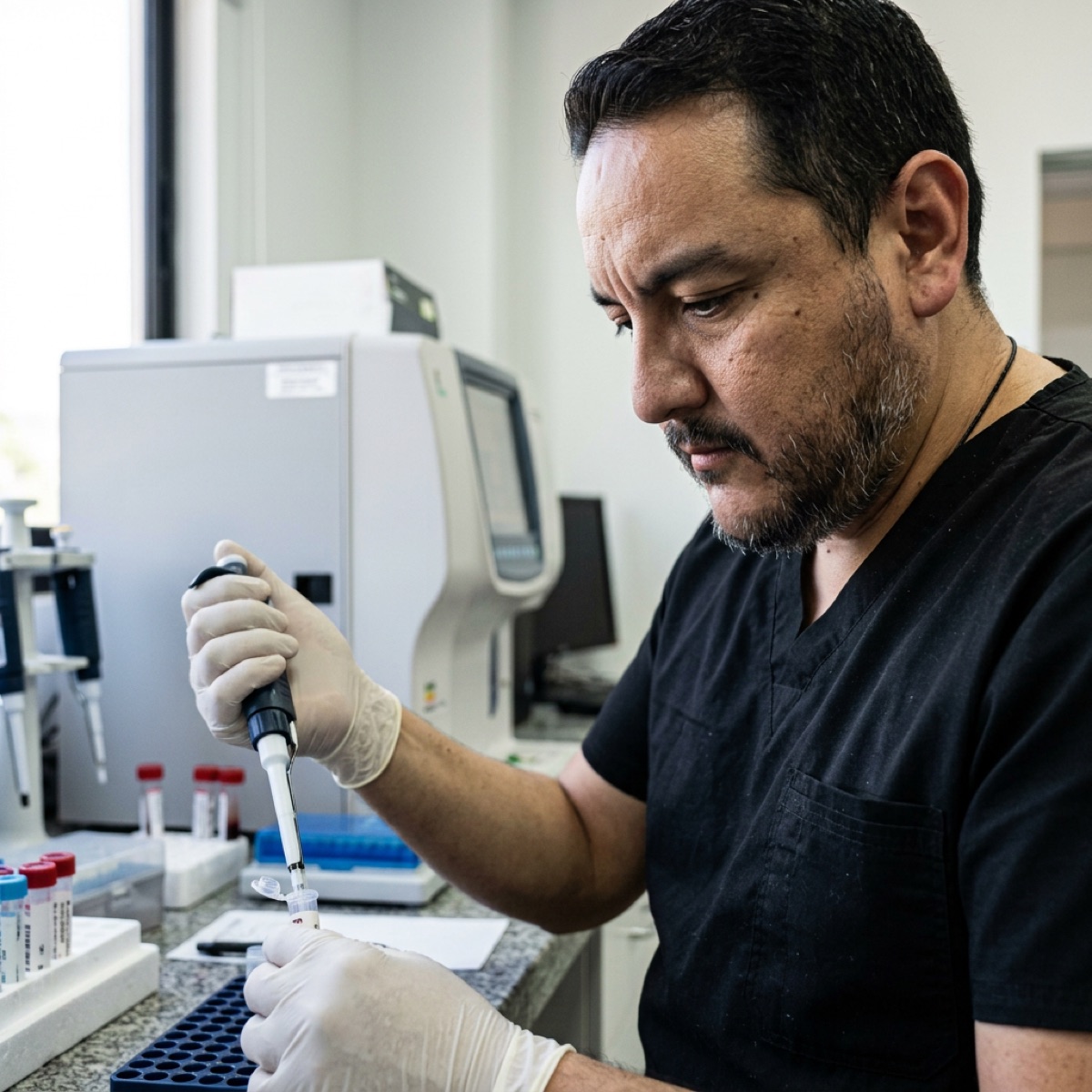 Técnico de laboratorio clínico en Clínica Bital procesando muestras de sangre
